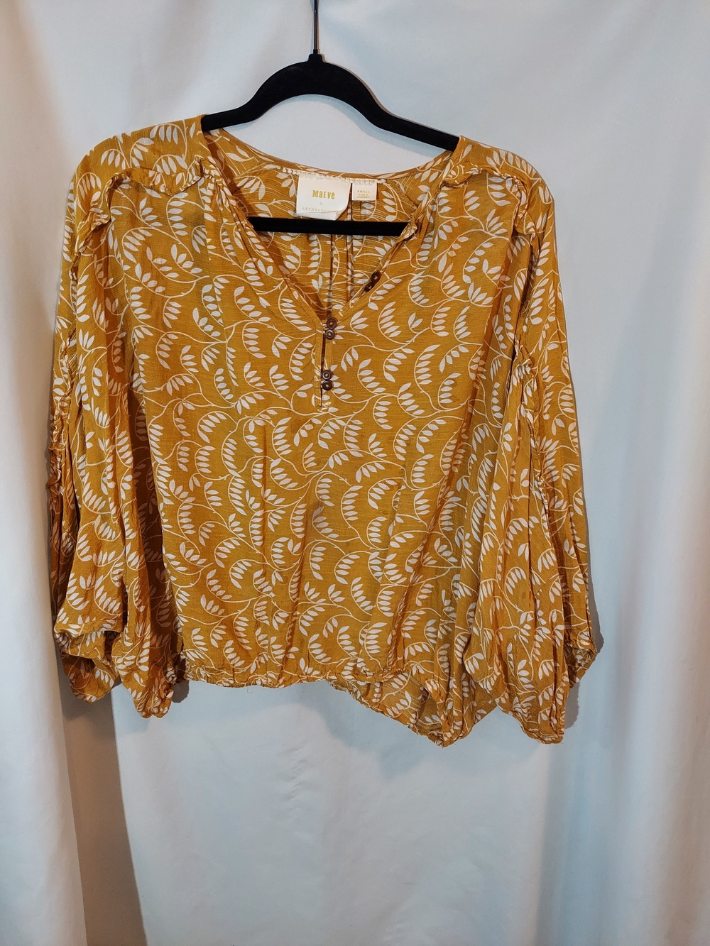 Maeve by Anthropologie Letizia Ruffled Henley Blouse Yellow Leaf Print